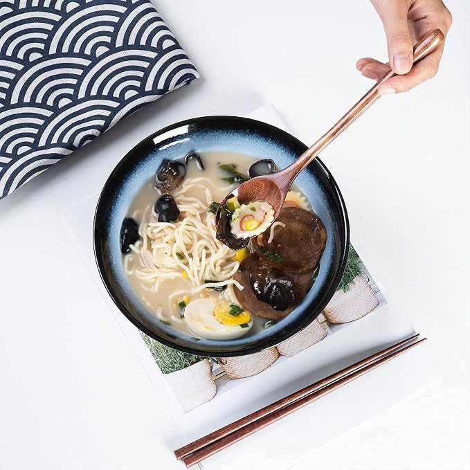 Ceramic Japanese Ramen Bowl Set, 2 Sets Asian Pho Udon Soup Noodle Bowls with Spoons and Chopsticks (Black/Blue, 8 inches)