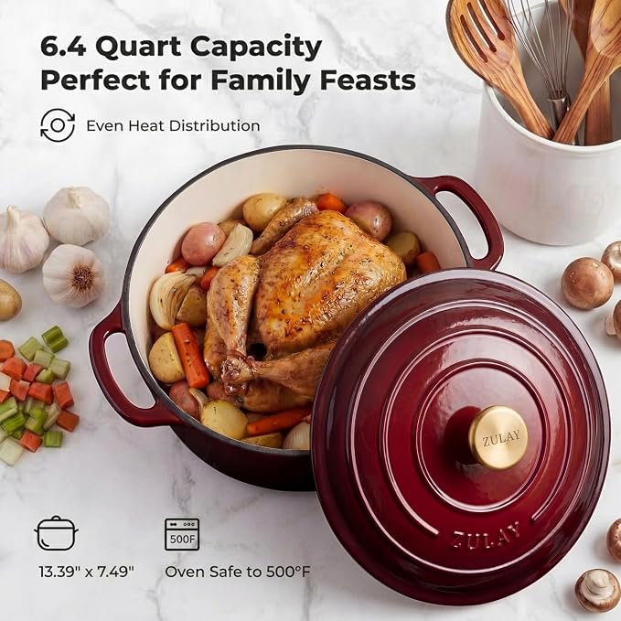 Zulay Kitchen 6.4QT Enameled Cast Iron Dutch Oven Pot with Lid, Heavy-Duty Soup Pot for Stews, Braising, Roasting & Sourdough Bread Baking, Oven Safe up to 500°F – Garnet