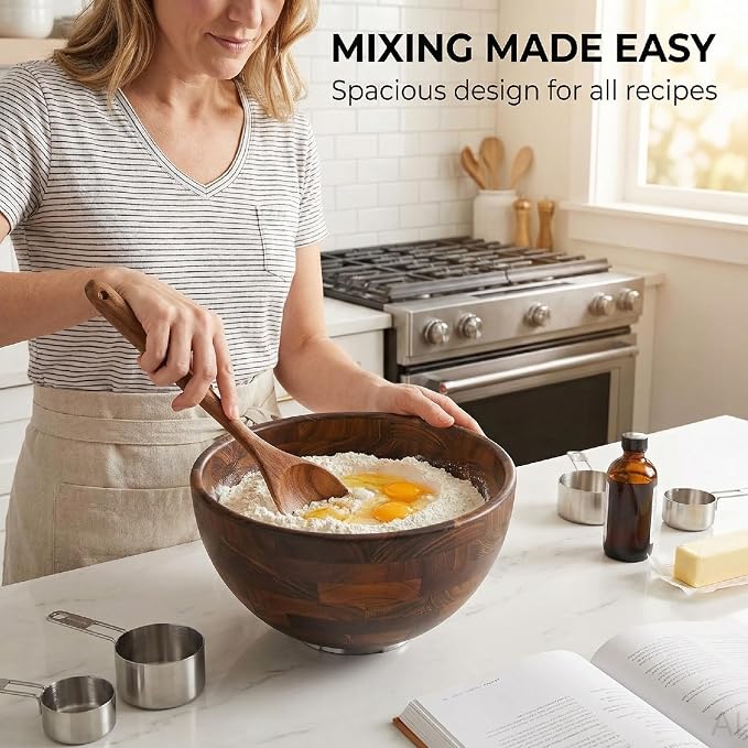 Walnut Wooden Mixing Bowl Compatible with 4.5 & 5 QT Tilt-Head Stand Mixers, 5 Quart Natural Wood Dough Bowl for Baking, Kitchen Prep & Serving
