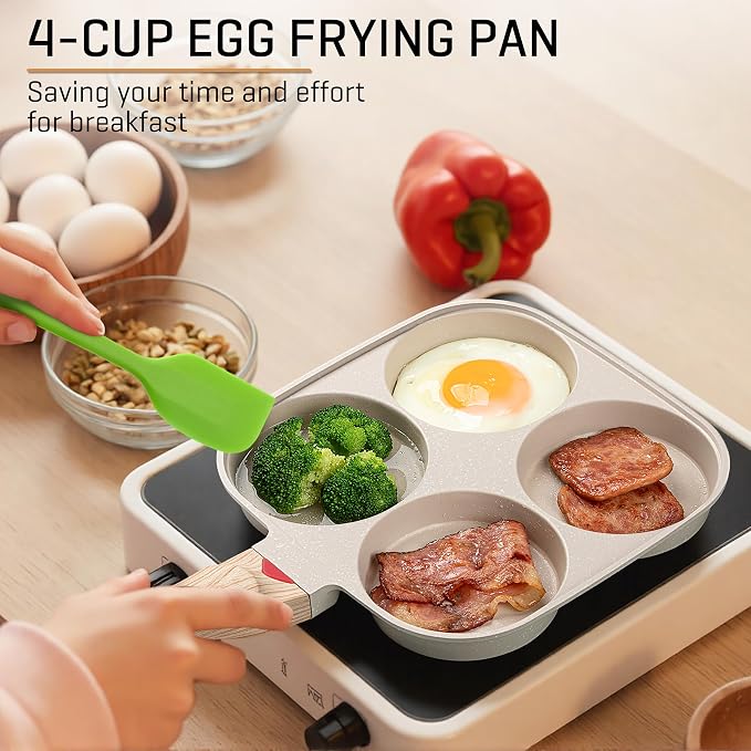MyLifeUNIT Egg Frying Pan, 4-Cup Egg Pan Nonstick, Fried Egg Pan Skillet for Breakfast, Pancake, Hamburger, Sandwiches, Suitable for Gas Stove & Induction Cookware(White)