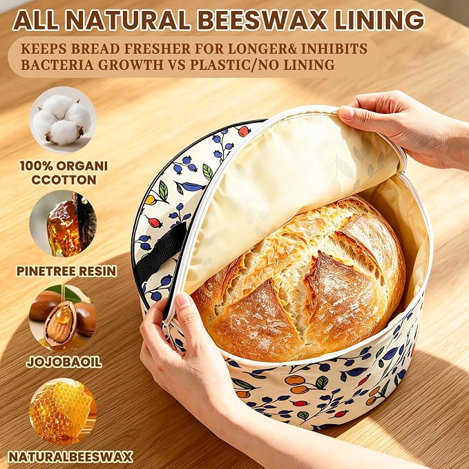 Beeswax Bread Bag For Sourdough & Homemade Bread,Reusable Round Storage Bag | Organic Linen Bread Bag for Round Loaves, Boule Loaves, Gift (Berry) (1 Pack)