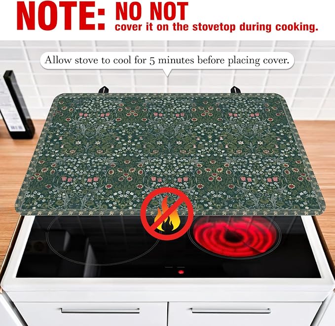 Boho Glass Stove Top Cover for Electric Stoves,Vintage Floral Farmhouse Stove Top Cover for Kitchen Decor,Heat Resistant Cooktop Protector Mat,Non-Slip Washable Dish Drying Mat 28"x20"