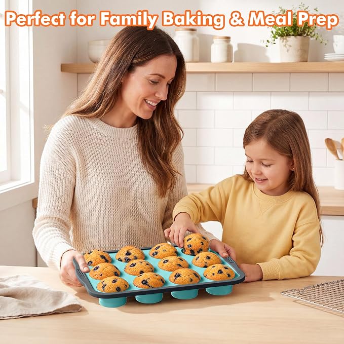 2 Pack Silicone Muffin Pan for Baking with Metal Reinforced Frame, Foldable 12 Cup Regular Size Nonstick Cupcake Pan, Muffin Tray for Baking, Dishwasher Safe Egg Bite Molds for Oven，Blue