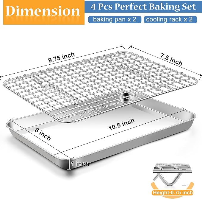 TeamFar Cookie Sheets with Cooling Racks, 2 Pans + 2 Racks, 10.5x8x1 Inch | Stainless Steel Small Toast Oven Tray Pan with Grid Rack for Baking Roasting Cooling, Non-Toxic & Heavy-Duty, Dishwasher Safe