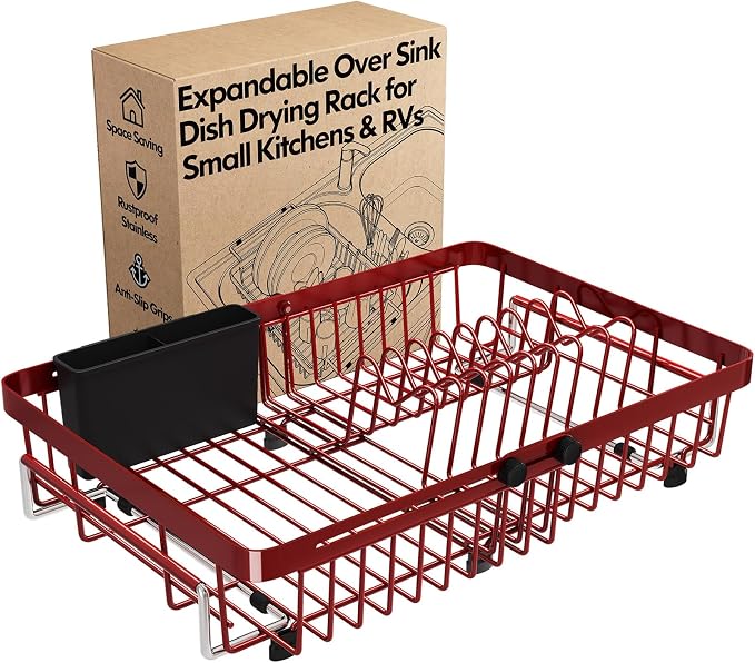 Red Dish Drying Rack Over The Sink with Utensil Holder | Expandable Stainless Steel Dish Drainer for Small Kitchen, Apartment, RV, Counter Space Saving, Perfect Fit, Rustproof