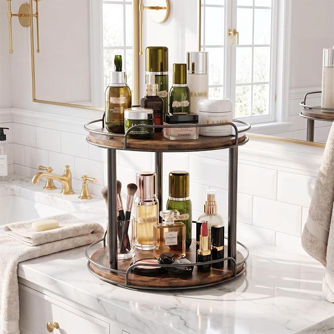 10'' Lazy Susan Turntable Organizer, 2-Tier Rotating Spice Rack | Wooden Lazy Susan for Cabinet, Table Top, Kitchen Countertop, Pantry, Bathroom, Vanity, Home Decor