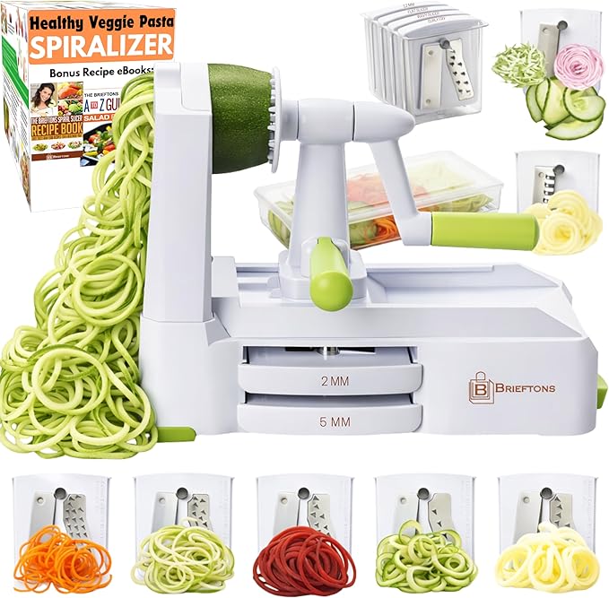 Brieftons 7-Blade Vegetable Spiralizer: Veggie Noodle Maker with Curly Fry & Crinkle Chip Blades, Catch Container, Keep-Fresh Lid, Blade Caddy, 4 eBooks | Low Carb, Vegan, Gluten-Free, Keto, Paleo