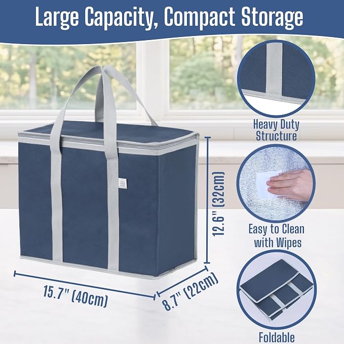 VENO 3 Pack Cooler Bag Insulated Grocery Bags for Food Delivery Heavy Duty | Large Collapsible Cooler, Reusable Shopping Tote w/ Zippers, Foldable, Stands Upright, for Picnic Camping (Dark Blue, 3 Pack)