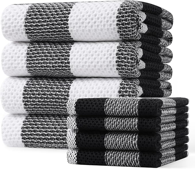 Homaxy Kitchen Towels and Dishcloths Set, Set of 8, White & Black | Bulk Cotton Waffle Weave Check Plaid Kitchen Towels, Super Soft and Absorbent Dish Cloths, 12 x 12 and 20 x 28 Inches