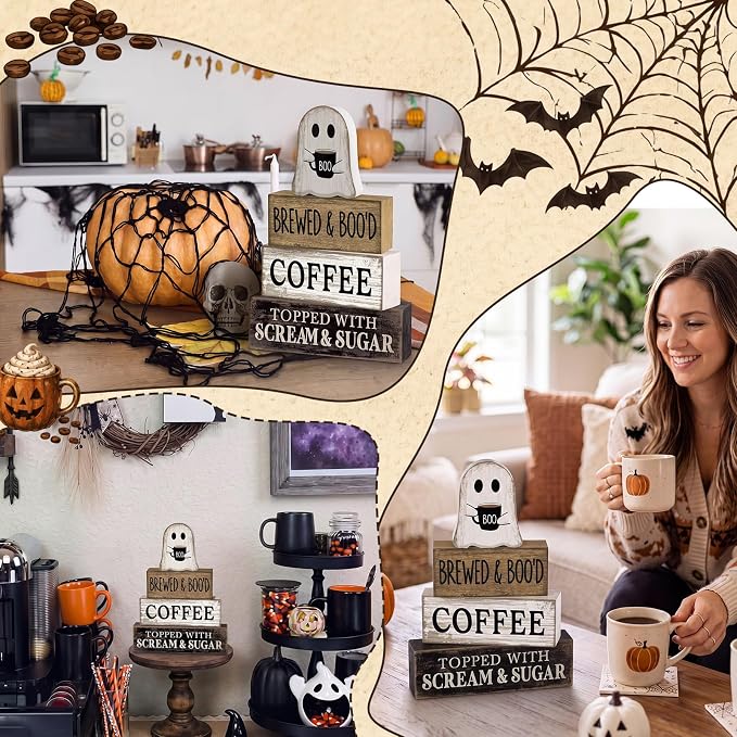 Lineshading 4 Pcs Halloween Ghost Blocks, Wooden Coffee Farmhouse Decor | Tiered Tray Decor for Home, Coffee Bar Table Decoration, Stacking Blocks with BOO Topper, Rustic Halloween Accents