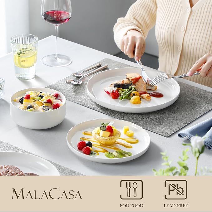 MALACASA 18 Pcs Porcelain Plates and Bowls Sets,Dinnerware Set for 6,White | Modern Ceramic Dishware,Kitchen Dining Ware,Microwave and Dishwasher Safe,Simple Solid White Design,Series LUNA
