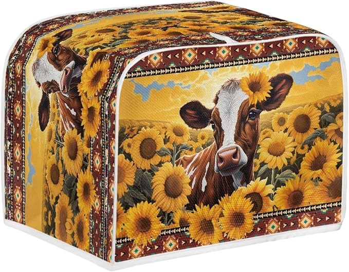 Sunflower Cow Print Toaster Cover for Home Office, Cute 4 Slice Wide Slot Toaster Appliance Cover, Dirtproof Bread Toaster Cover Bakeware Protector