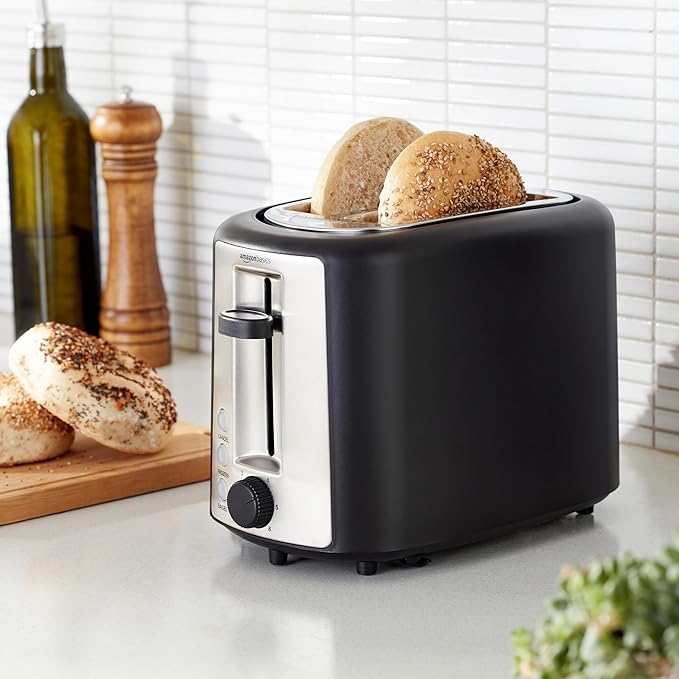 Amazon Basics 2 Slice Toaster, Extra Wide Slots for Bagels, 6 Browning Settings, Removable Crumb Tray, Defrost/Cancel/Bagel Buttons, Cord Wrap, 900W, Black & Silver