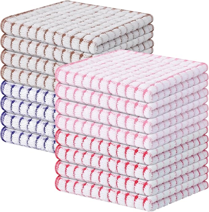 Kitinjoy Cotton 16 Pack Terry Kitchen Dish Cloths, Mix Colour | 12 x 12 Inches Super Soft and Absorbent Dish Rags, Quick Drying Dish towels for Washing Dishes
