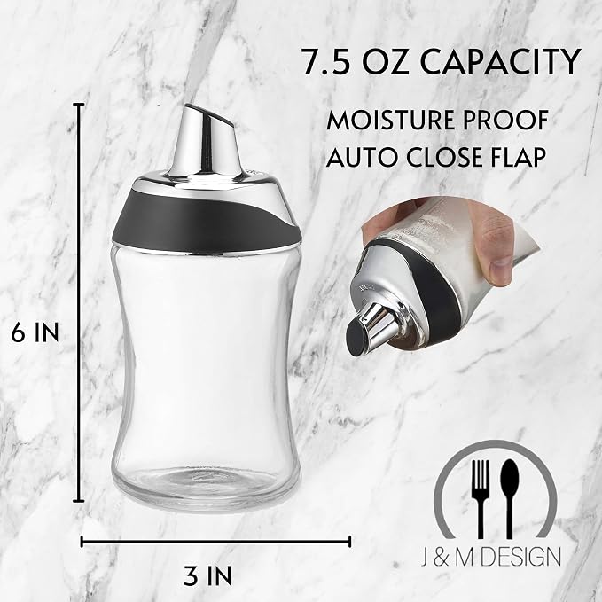 J&M DESIGN Glass Sugar Dispenser with Pour Spout for Coffee Bar, Tea and Kitchen Baking, Auto-Pouring Airtight Lid - 7.5 Oz Container