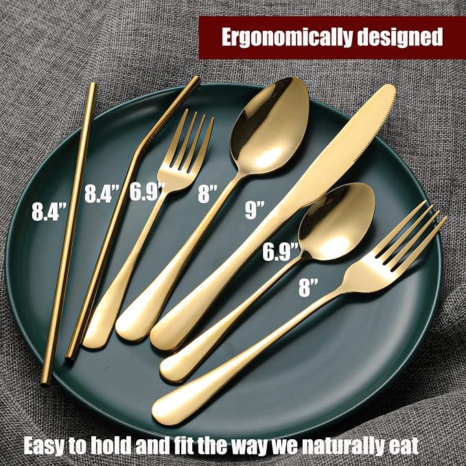 56 Pieces Gold Silverware Service for 8 Flatware Set with Straws Stainless Steel Utensils Cutlery Set Dishwasher Safe Flatware (Gold, 56)