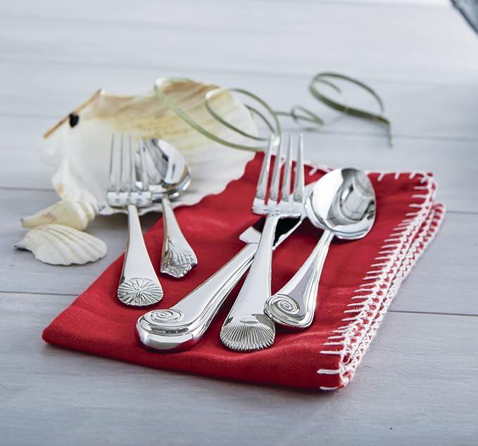 Reed & Barton Seashell 5Pc Flatware Place Setting, 5 Piece, Silver | silver, dishwasher safe | includes knives, forks, and spoons | heavy duty, cutlery set for kitchen and dining, utensil set
