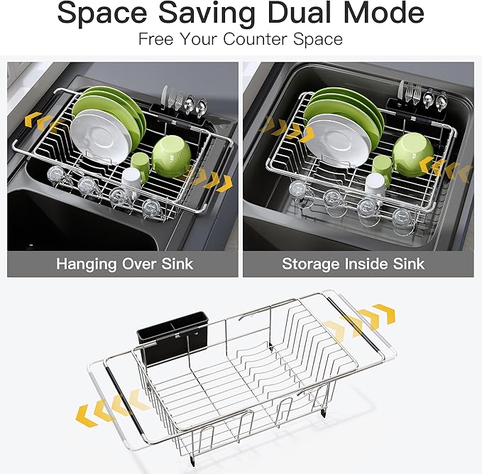 JASIWAY Dish Drying Rack in Sink, Dish Drainer with Cup and Utensil Holder | Over The Sink Expandable Stainless Steel Strainer Dryer Rack for Small Kitchen, Counter Space Saving, Fast Drain, Rustproof
