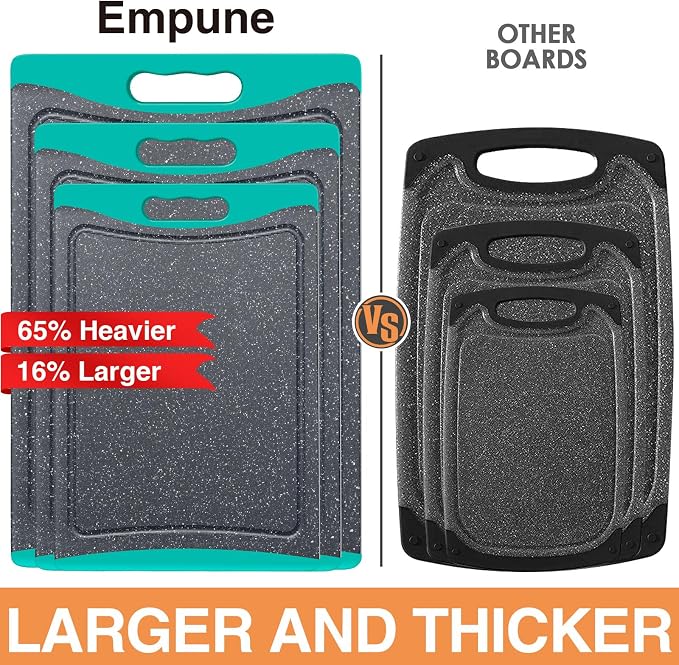 Extra Large Cutting Boards, Plastic Cutting Boards for Kitchen (Set of 3) Cutting Board Set Dishwasher Chopping Board with Juice Grooves Easy-Grip Handles, Turquoise, Empune