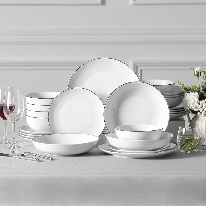 MALACASA 24-Piece Porcelain Dinnerware Set, with Black Rim Dish Set for 6 | Modern White Serving Plates and Bowls Sets for Dessert, Salad, Soup, Pasta, Microwave & Dishwasher Safe - Series AMELIA