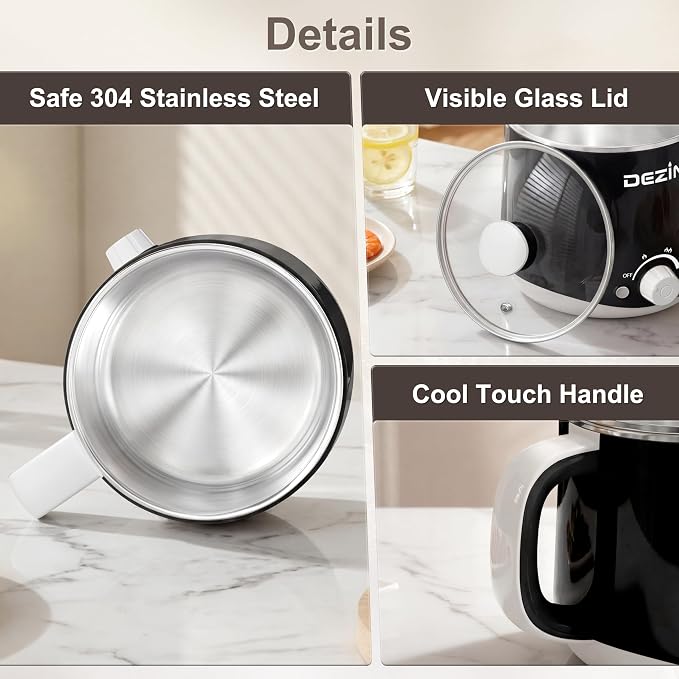 Dezin 1.6L Hot Pot Electric, Stainless Steel Electric Pot with Dual Power | Keep Warm, Noodles Cooker, for Egg, Pasta, Soup, Porridge & Oatmeal, Overheat & Boil-Dry Protection, Ideal for Dorm & Office