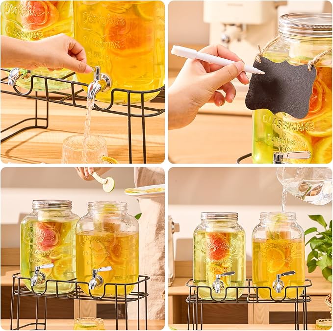 1 Gallon Glass Drink Dispensers for Parties, 2 Pack Beverage Dispenser with Stand, Fruit Infuser & Leakproof Stainless Steel Spigot, Juice Dispenser for Lemonade, Iced Tea, Sun Tea & Infused Water