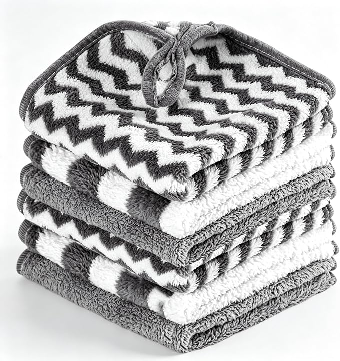 Microfiber Cleaning Cloths, 6 Pack Gray Kitchen Towels | 12x12 Inch, Ultra Soft Absorbent, Lint Free Dish Towels with Hanging Loop, Reusable for Kitchen, Car & Household
