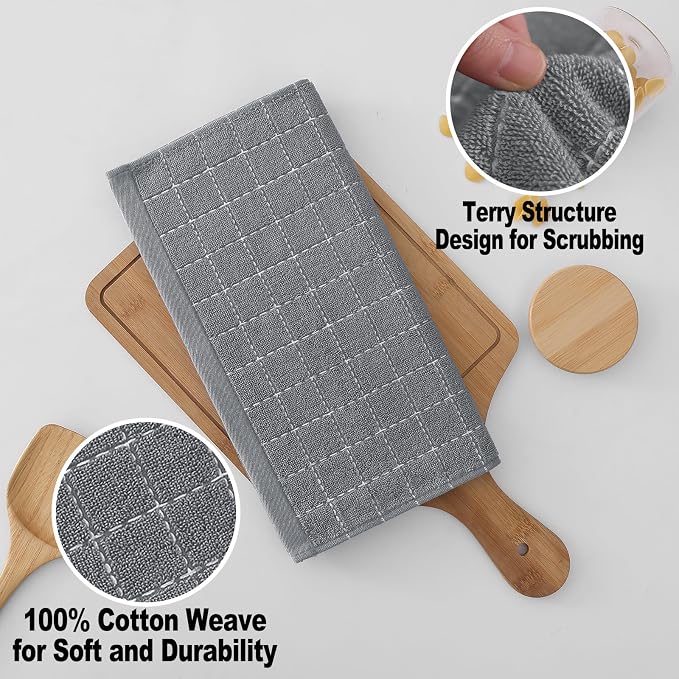 Homaxy 100% Cotton Terry Kitchen Dish Cloths, 8 Pack, Grey | Ultra Soft and Absorbent, Suitable for Drying and Washing Dishes