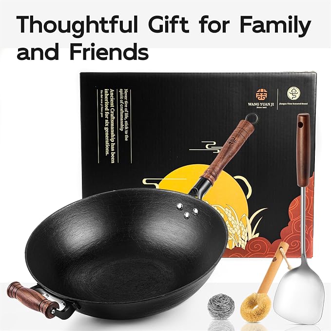 WANGYUANJI 13.4 Inch Cast Iron Wok Pan with Lid, Flat Bottom Uncoated Stir Fry Skillet, Heavy Duty Chinese Iron Pot for Family Cooking, Induction & Gas Stoves Compatible