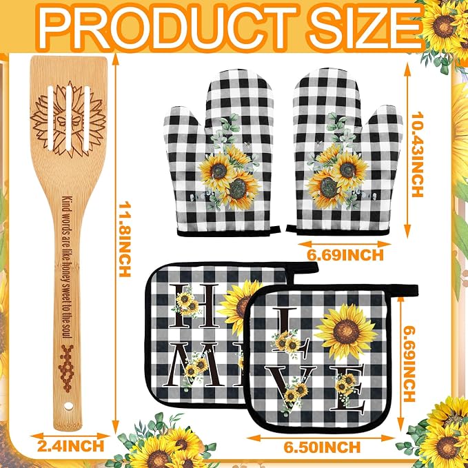 13 Pcs Sunflower Kitchen Set Sunshine Farmhouse Kitchen Decor Rustic Sunflower Dish Towels Retro Yellow Apron Oven Mitts and Pot Holders with Cute Wooden Tableware Set for Home