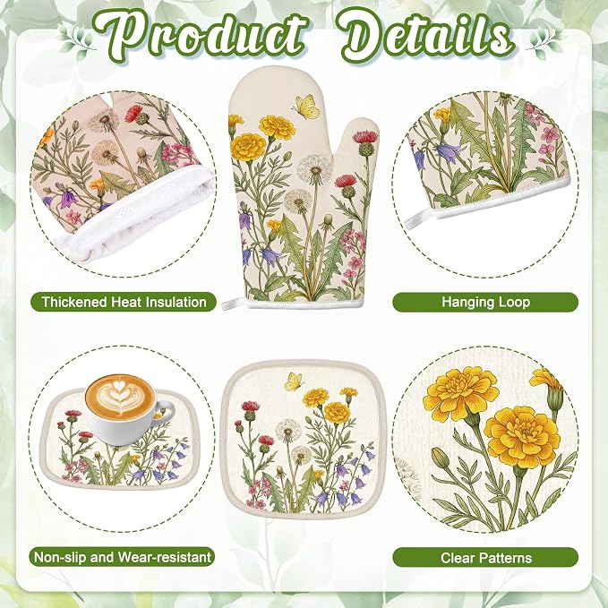 Tieshankao 10Pcs Wildflower Kitchen Decor Accessories Set | Green Wildflower Floral Theme, Kitchen Towels, Oven Mitts, Pot Holders, Rugs and Mats, Baking Supplies, Housewarming Gifts