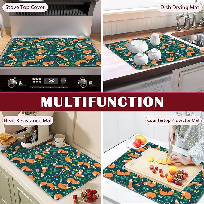 Cute Foxes Stove Top Cover Glass Cooktop Heat Resistant Cover,Mushrooms Ceramic Stove Top Covers Mat Prevents Scratching Stoves/Counter/Washer Protector, 28x20 in