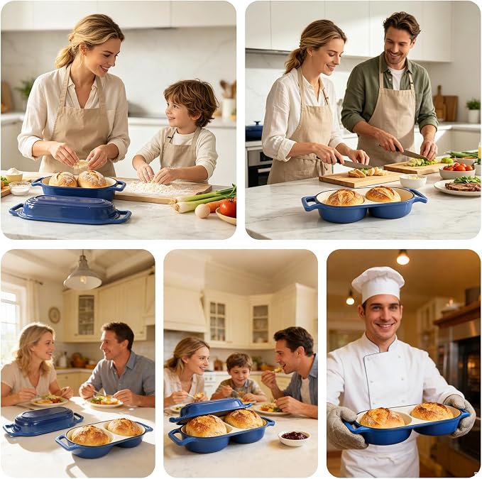 2026 Premium Double Enameled Cast Iron Dutch Oven for Sourdough Bread Baking – 2-in-1 Bread Baker with Lid, Dual Mini Loaf Pan, 500°F Oven Safe, Even Heating for Artisan Bread, Nonstick Enamel