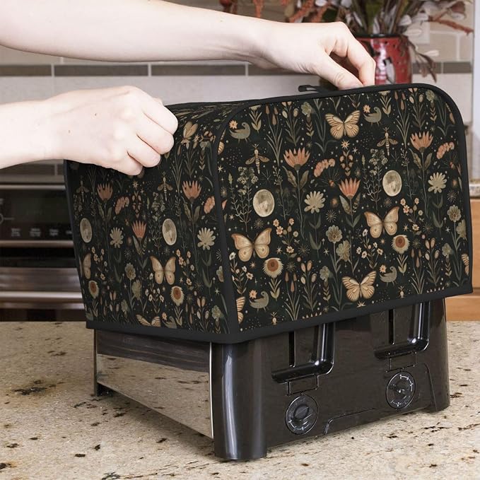 4 Slice Toaster Cover Vintage Butterfly Moon Flower Dust Proof Washable Kitchen Appliance Cover with Pocket, Oxford Fabric Countertop Toaster Protector for Standard Toasters Small Appliances