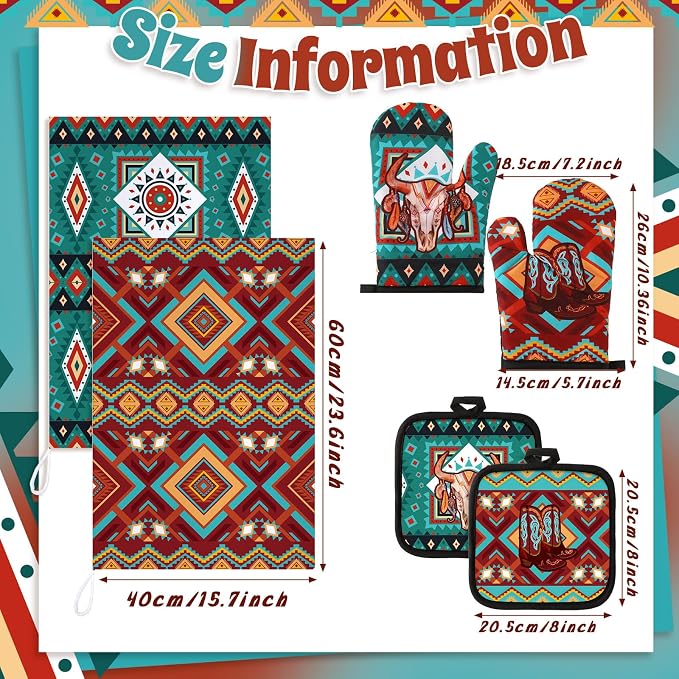 Jingmore 6 Pcs Kitchen Decor Set Accessorie Farmhouse Kitchen Towels Pot Holders Oven Mitts Set 2 Dish Towels 2 Pot Holders 2 Cooking Mittens Oven Glove for Cooking(Retro Color,Western Boho Aztec)