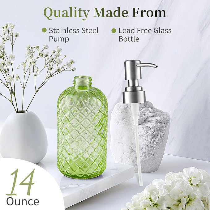Kaishun 14 OZ Refillable Glass Soap Dispenser for Hand Soap & Lotion, Green