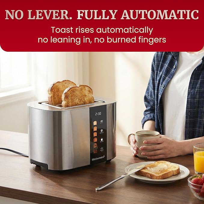 Elite Gourmet ECT2470 2-Slice Automatic Toaster, Stainless Steel | Motorized, No-Lever Digital Touchscreen, 6 Browning Levels, Bagel, Defrost & Reheat, Extra-Wide Slots