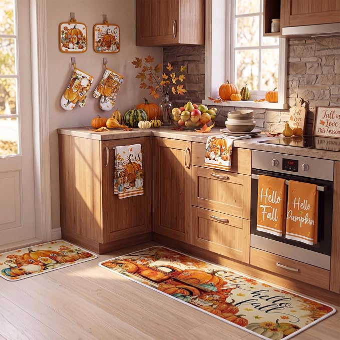 Fanfanwin 10 Pcs Fall Pumpkin Kitchen Decor and Accessories Set Autumn Kitchen Towels Rugs Pot Holders Oven Mitts Set Gnome Maple Leaves Decorations for Baking Cooking BBQ Autumn Home