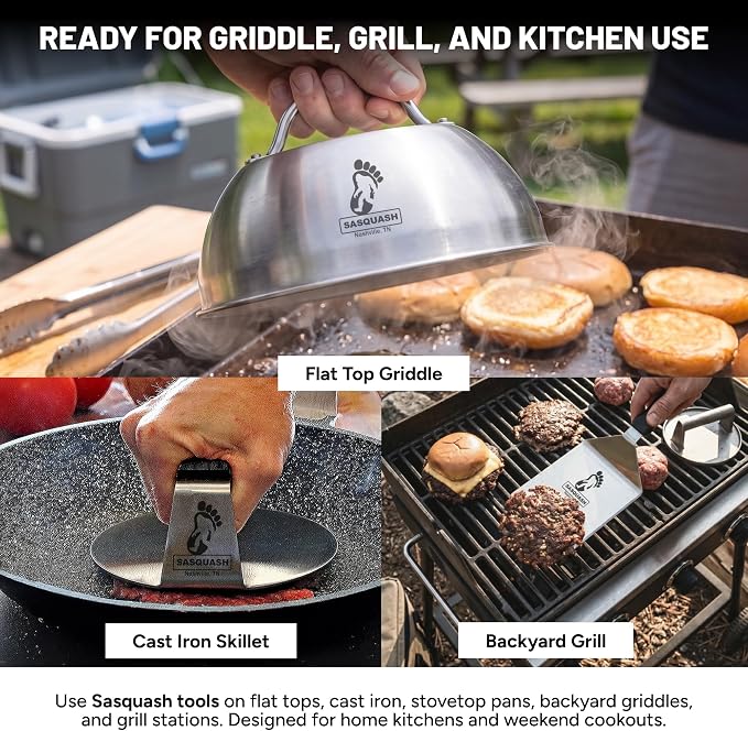 Sasquash Burger Press Kit, Smash Burger Set, Stainless Steel, 5 Piece | Includes Melting Dome, Turner, And Two Squirt Bottles, Complete Griddle And Grill Cooking Bundle Package, Cookout Gatherings