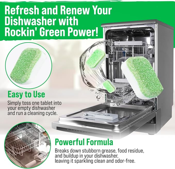 Rockin' Green Dishwasher Cleaner Citrus Lime Tablets 8 Pack | Deep Cleaning, Deodorizing, for Dishwashers Washing Machines Garbage Disposals, Removes Odor and Residue