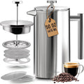 Utopia Kitchen 304 Grade Stainless Steel French Press 50 Oz, Silver | Double Wall Insulated Coffee Press with 4-Level Filtration System, Include 2 Extra Filters, Rust-Free, Dishwasher Safe