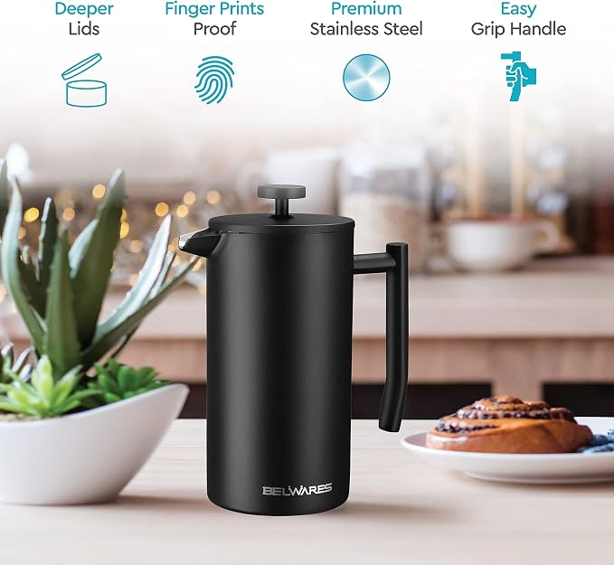 Large French Press Coffee Maker 50oz, 304-Grade Stainless Steel, Insulated | Double-Wall Coffee Press Keeps Hot, 4-Level Filter Blocks Grounds, Rust-Proof, 2 Extra Filters, Cold Brew, Matte Black (1.5L)