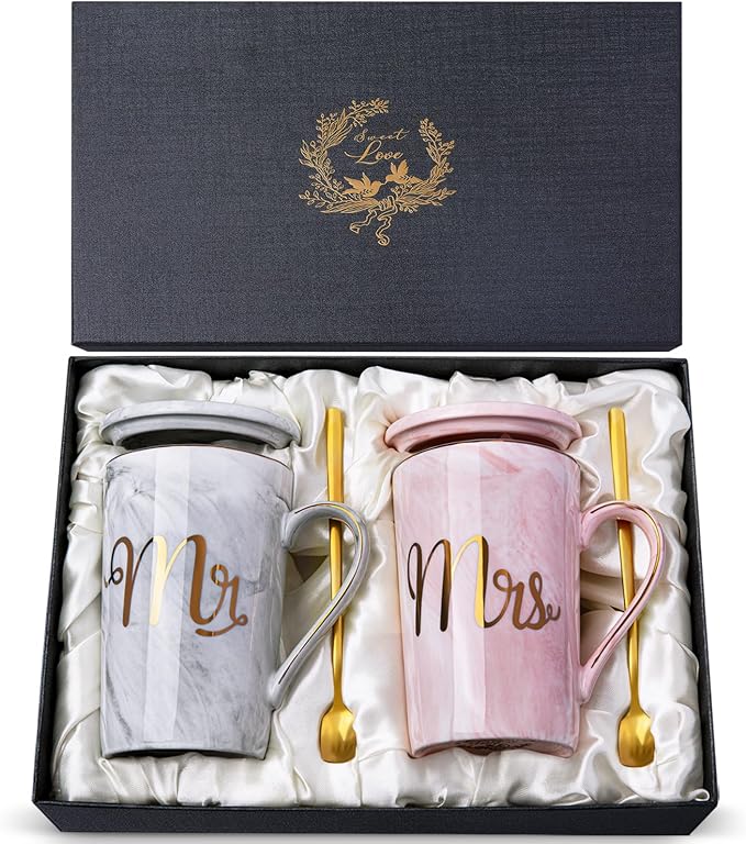 Biching Wedding Gifts for Couples 2026, Bridal Shower Engagement Gift | Gifts for Anniversary Bride and Groom, 14oz Ceramic Mr and Mrs Mug Set with Real Gold Foil, Greeting Card, Gift Box
