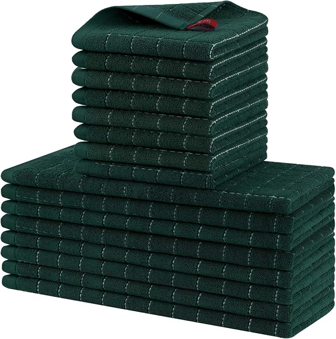Homaxy Kitchen Towels and Dishcloths Set, Set of 16, Blackish Green | Bulk Cotton Terry Kitchen Towels, Checkered Designed, Soft and Super Absorbent Dish Towels, 12 x 12 and 13 x 28 Inches