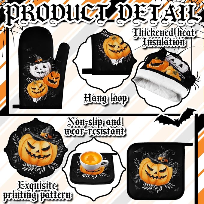 Fanfanwin 10 Pcs Halloween Kitchen Decor Accessories Set Gothic Pumpkin | Halloween 4 Kitchen Towels 2 Pot Holders 2 Oven Mitts 2 Rugs for Baking Cooking BBQ Autumn Home Decor Holiday Gift