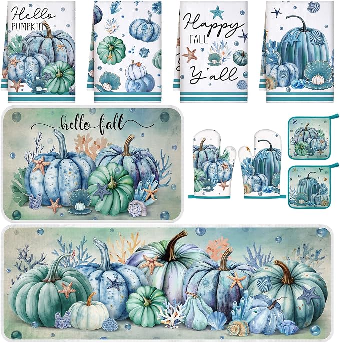 Fanfanwin 10 Pcs Fall Blue Pumpkin Kitchen Decor Set Kitchen Towels Pot Holders Oven Mitts and Rugs Set Thanksgiving Ocean Decoration for Cooking Baking Gift Harvest Autumn Home Decor