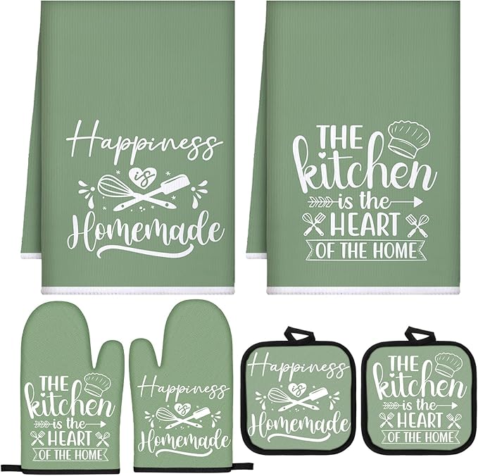 Sratte 6 Pcs Kitchen Decor Accessories Set, Kitchen, Sage Green | Farmhouse Kitchen Towels Pot Holders Oven Mitts Set 2 Dish Towels 2 Potholders 2 Cooking Mittens for Baking Cooking Supply