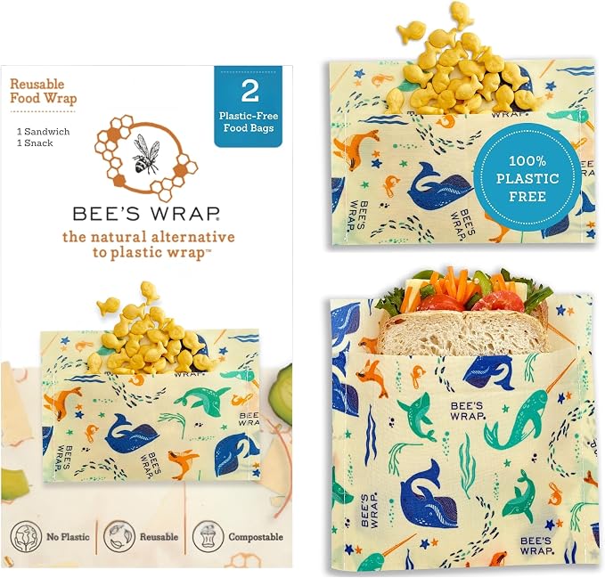 Bee's Wrap Beeswax Food Wraps, Snack Bag & Sandwich Wrap - Under the Sea | Organic Beeswax Wraps - Plastic Free - Reusable Food Storage - Sandwiches, Snacks & Lunches - Made in USA
