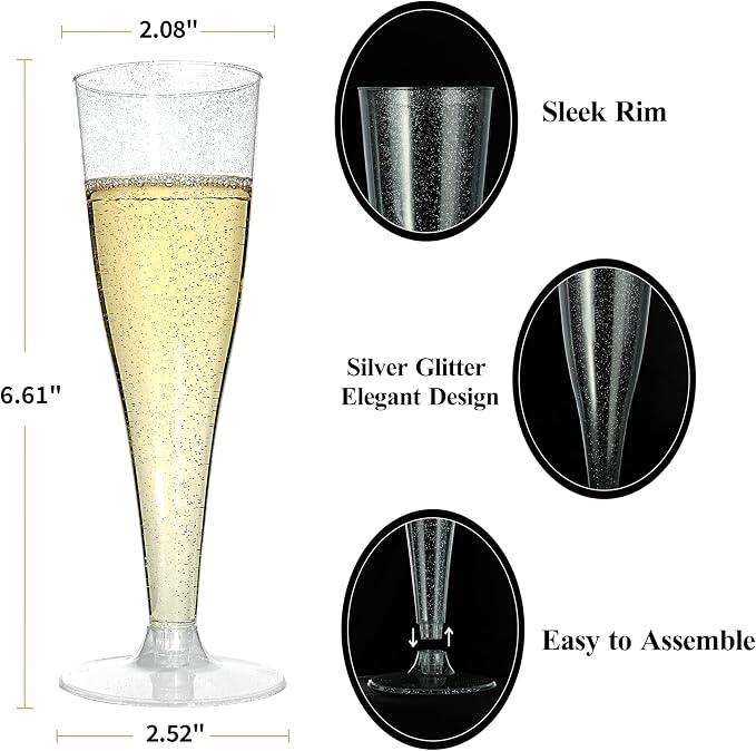 Bestluck 50Pack 4.5oz Silver Glitter Champagne Flutes Plastic | Plastic Disposable Stemware, Disposable Champagne Flutes for Party, Mimosa Bar, Wedding, Anniversary and Graduation