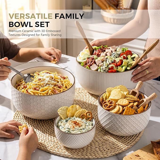 GBhome Ceramic Mixing Bowls Set of 4, Stoneware Nesting Serving Bowls | 150/105/45/20 oz For Prep, Baking, Serving, Gift, Microwave and Dishwasher Safe, Embossed Dishware Collection-Off White